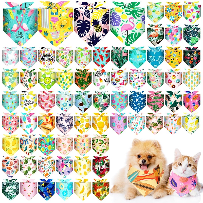 Reginary 72 Packs Dog Bandanas for Summer Bulk, Hawaii Dog Bandanas Bibs Triangle Dog Scarf Fruit Flamingo Pet Bandanas Triangle Scarf Bibs Adjustable Dog Bandana for Summer Pet Costume Accessories