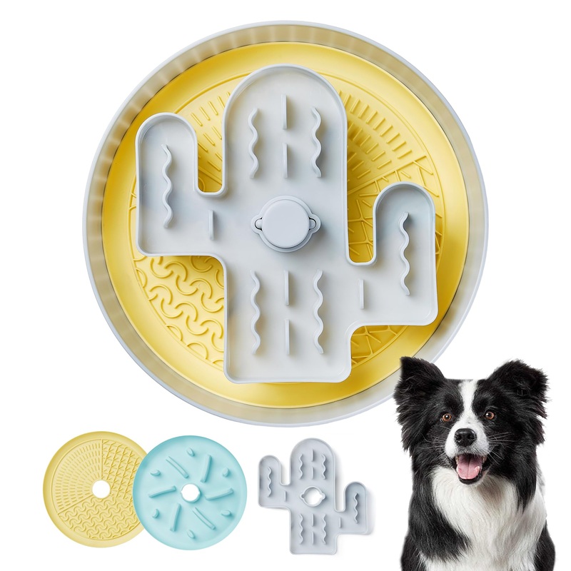 Slow Feeder Dog Bowls, Anti-Choking Large Puzzle Slow Feeder Food Dog Bowl with Two Feeding Mats, Non-Slip Fun Slow Eating Dry and Wet Food Dogs Dishes for Medium Large Breed Gray Cactus Mode 2