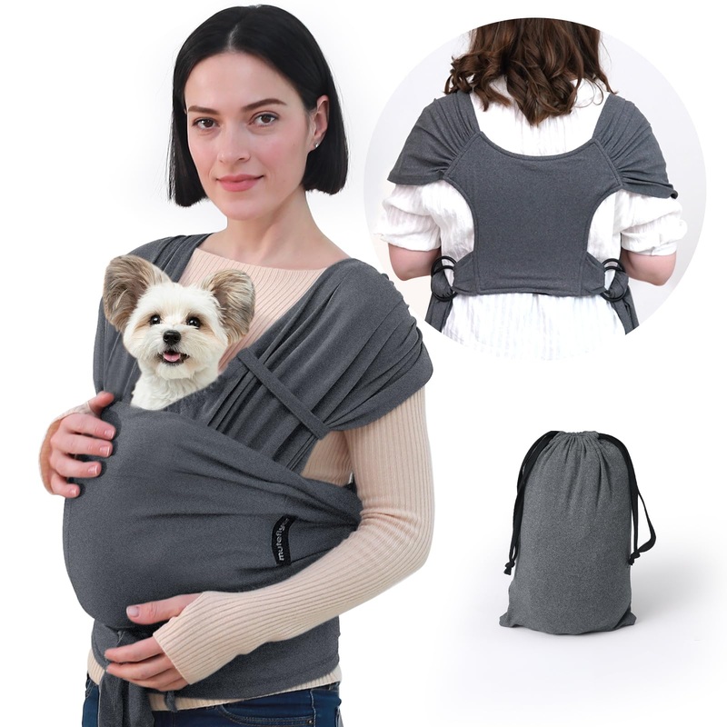 Small Dog Front Carrier: Easy Wrap Sling – Hands Free – Size Adjustable – Puppy Pet Cat Up to 20 lbs, Grey