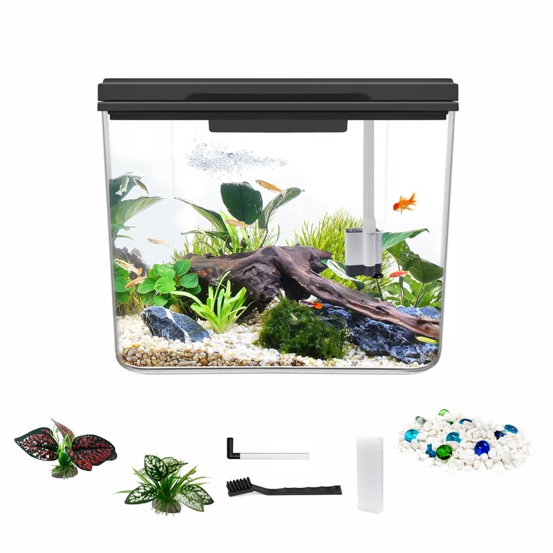 Small Fish Tank, 0.8-Gallon Aquarium Kit with Self-Cleaning System & 8 LED Lights, Lightweight & Shatter-Resistant Betta Fish Tank.(Black) S Kit-Black