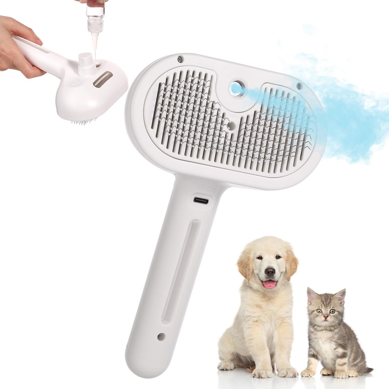 Spray Cat Brush, 8×4.5 Inch Steamy Cat Brush with Water Spray 2 in 1 Cat Spray Comb Pet Hair Removal Comb Self Cleaning Grooming Brush for Pets Dogs Cats Shedding Removing Tangled