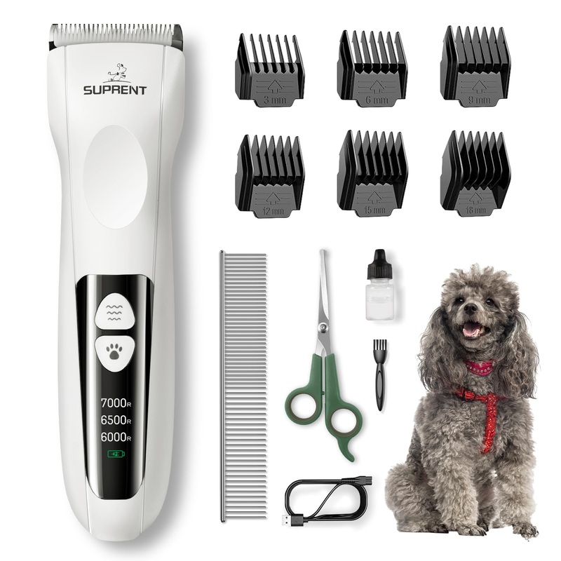 SUPRENT Dog Clippers Grooming Kit – Low Noise Cordless Dog Grooming Clippers – 7000rpm Pet Clippers Rechargeable Dog Hair Shaver Trimmers for Small Large Dogs Cats Animal
