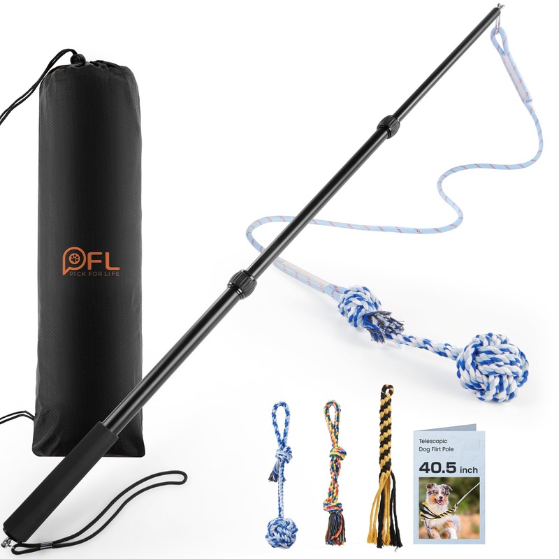 Upgraded Flirt Pole for Dogs – Extendable Dog Flirt Pole with Detachable Interactive Toys – Flirt Stick for Small Medium Large Dogs Training Playing Exercise, Reinforced Aluminum Alloy(Pole-40in Max)