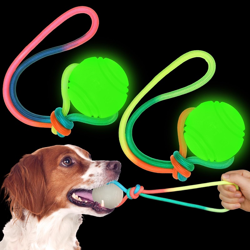 2 Pcs Glow in The Dark Dog Training Ball on Rope 2.36 Inch 12 Inch Rope Glowing Rubber Dog Toys Dog Pull Tug Throw Toys with Handle Reward Fetch Exercise Ball for Small Large Medium Dogs