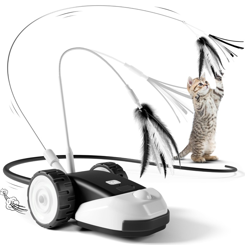 3-in-1 Interactive Cat Toy – 2-Speed Automatic Moving Mouse Cat Toys Self Play with 2pcs Hanging Feather String Ribbon and Wiggly Silicone Mice Tail for Bored Indoor Adult Cats Kittens Black