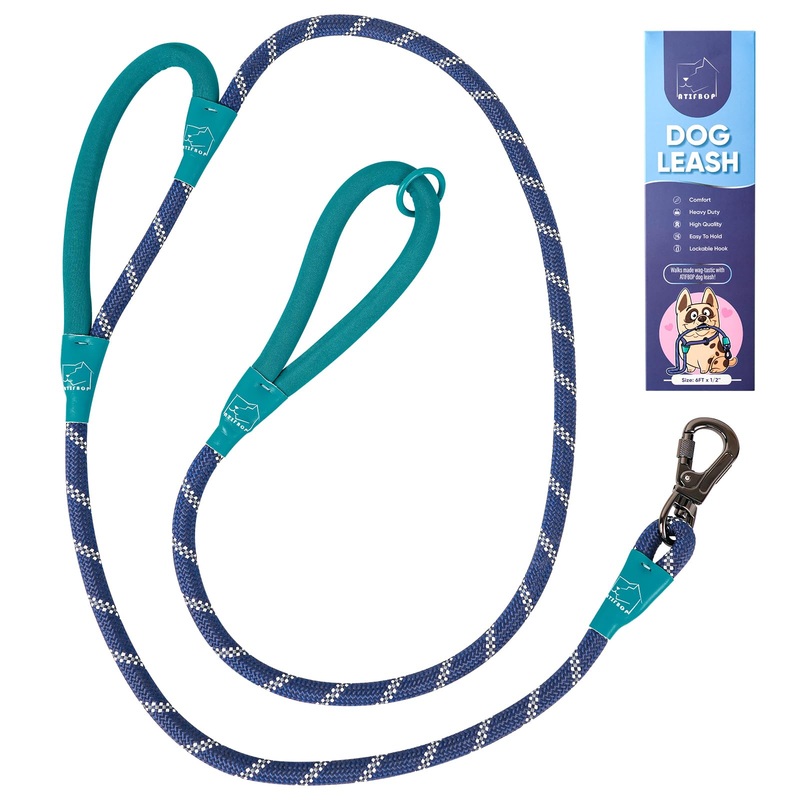 6FT Dog Leashes Heavy Duty Double Handles, Lockable Metal Carabiner Clip,Durable Rope Dog Leashes with Highly Reflective (Blue) Blue