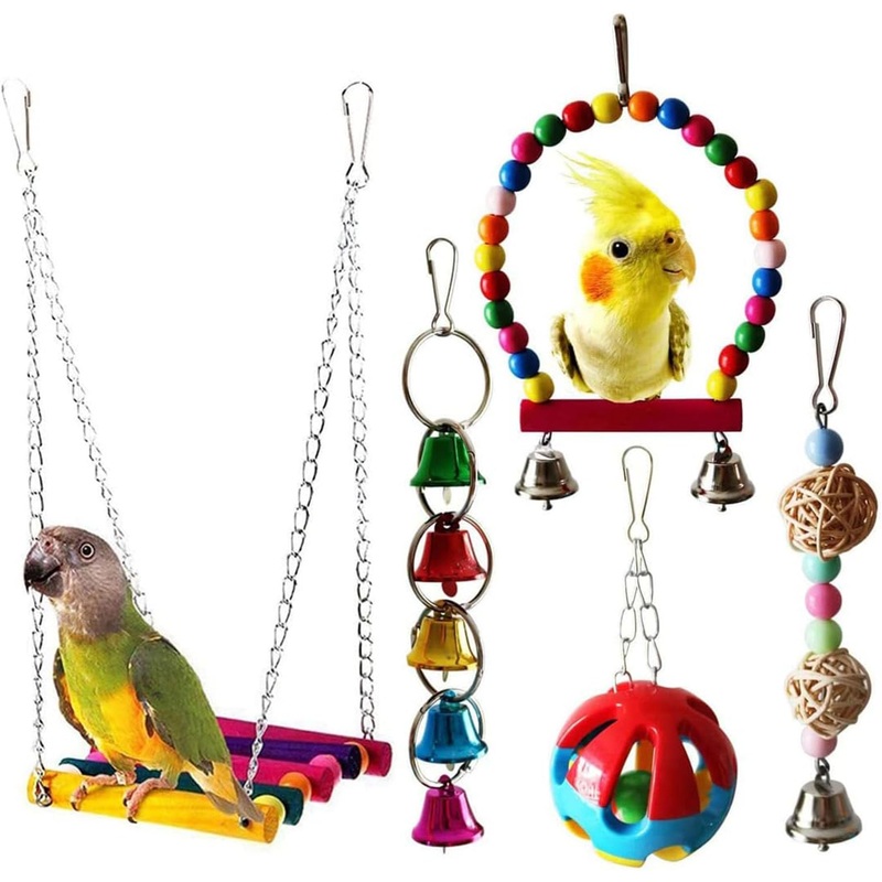 Bird Parakeet Toy Set, 5 Pcs Bird Swing Colorful Chewing Toys for Small Parakeets, Budgerigar, Conures, Love Birds, Finches, Mynah etc