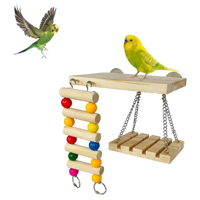 Bird Perches Toys Set Cage Accessories Parrot Nature Wooden Playground Hanging Standing Platform Play Stand with Swing Ladder for Lovebirds, Parakeet, Conures, Budgie and Other Small Animals
