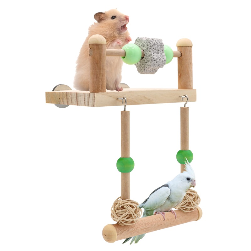 Bird Swing Toy Bird Perches Platform with Beak Grinding Stone Chewing Standing Wooden Hanging Parrot Swings Toys Cage Accessories (Grinding Stone Swing Perch Stand) Grinding Stone Swing