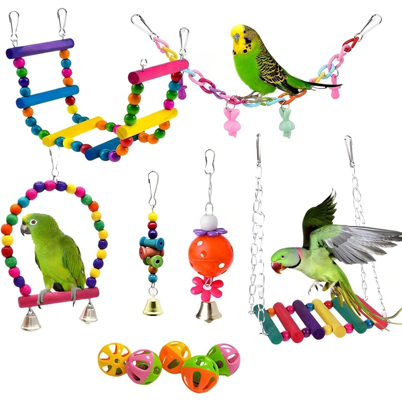 Bird Toys Parakeet Cage Accessories: 11pcs Bird Toy Swing Set for Bird Cage – Colorful Natural Toys Suitable for Parrot Cockatiel Budgie Conure Mynah Lovebird