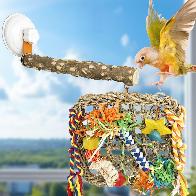 Bird Window Perch, Suction Cup Bird Shredding Foraging Wall with Perch, Natural Materials, Multi-use, Suitable for Macaws, Parakeets, Parrot, Cockatiel, Finch