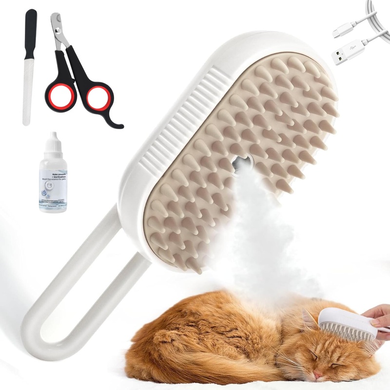 Cat Steam Brush – 5 In1 Grooming Kit for Cats and Dogs Silicone Massage Tool – Stainless Steel Nail Scissors – Hair Detangling Comb – Water Spray Rechargeable Shedding Wash-Free Essence (White) White