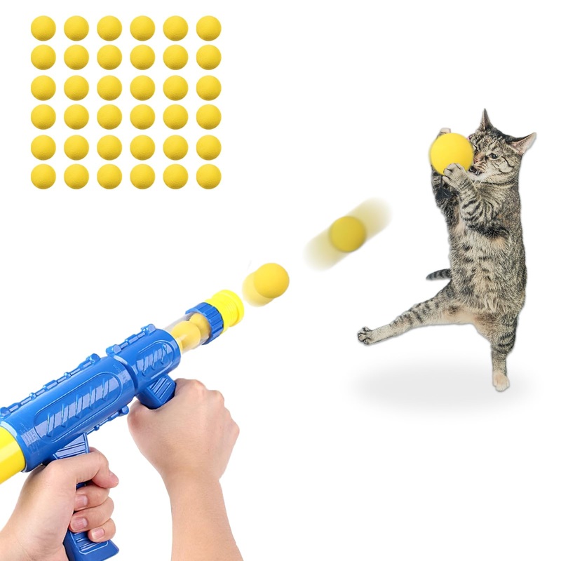 Cat Toy Balls with Launcher,Air Balls Shooting Foam Ball Game, Interactive Kitten Toys for Indoor Cats Self Play, Suitable for Training and Playing48Pcs Launcher Gun – L