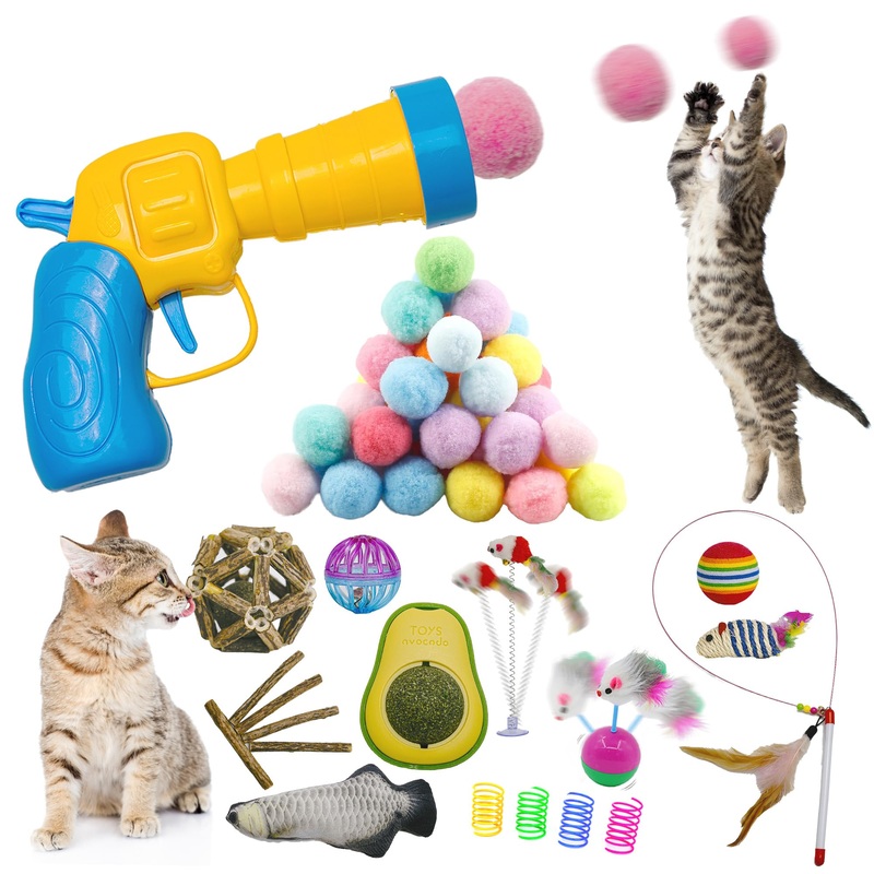 Cat Toys Bulk for Indoor Cats – Cat Toy Ball Launcher Gun, Cat Wand, Catnip Toys Balls, Catnip Fish, Mice, Cat Spring Toys, Colorful Balls and Bells for Cat Cat Gun Kit