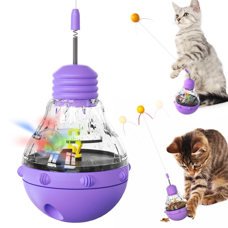 Cat Toys for Bored Indoor Adult Cats, 2 in 1 Cat Treat Dispenser Toy, Tumbler Interactive Cat Toys with Teaser Wand, Cat Food Dispenser – Ideal for Exercise and Boredom Relief (Purple)