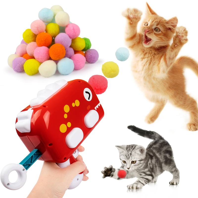 Cat Toys Interactive for Indoor Cats Kitty Toys Cat Toys for Indoor Cats Cat Ball Toy Pom Pom Balls Plush Ball Launcher for Cats Puff Balls Cat Enrichment Toys 30 Plus Balls