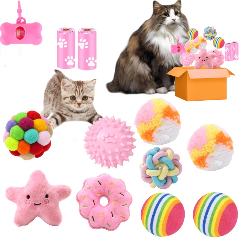 Cats Toy Set Interactive Cat Toys Pack Woolen Cat Toy Balls with Bell and Fuzzy Balls, Interactive Toys for Indoor Cats and Kittens, Chew Toys 12pcs