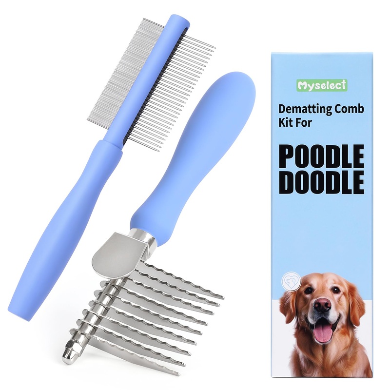 Dematting Comb for Dogs Poodle Doodle, Dematting Rake & Detangling Dual-Sided Comb Tool for Long Curly Haired Poodle Doodle Goldendoodles & Any Mix, Grooming Brush Kit for Removing Mats and Tangles Blue