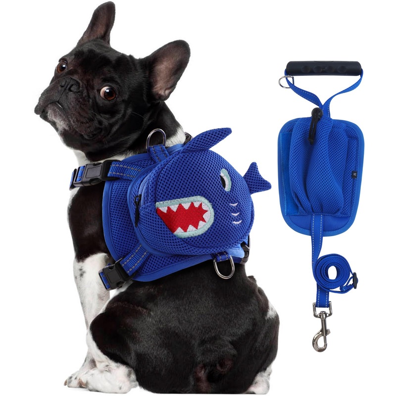 Dog Backpack Harness, Cute Dog Harness with Leash, Dog Harness with Backpack, No Pull Dog Saddle Bag Puppy Vest, Mesh Shark Self Bag with D-Ring, Dog Hiking Backpack for Small Medium Dogs M Blue