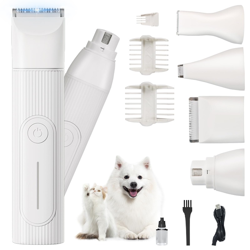 Dog Clippers Grooming Kit with Nail Grinder, 4-in-1 Low Noise Dog Clippers for Grooming, Cordless Dog Paw Trimmer, Washable Attachment Heads, Pet Hair Clippers for Small Dogs/Cats/Rabbit