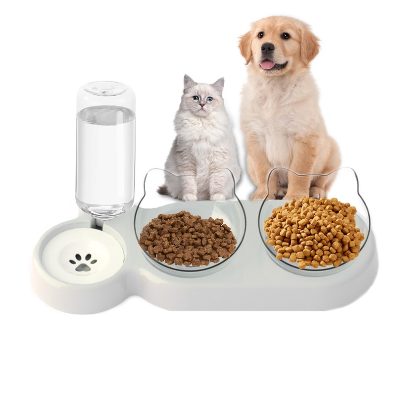 Dog Food Bowl – 2 in 1 Double Cat Bowls Pets Water Cat Food Bowl Set 15Tilted Cat Feeding Bowl Automatic Double Dog Bowls with Water Dispenser Detachable Water Bowl Set for Small Dog &Cat -Grey Grey