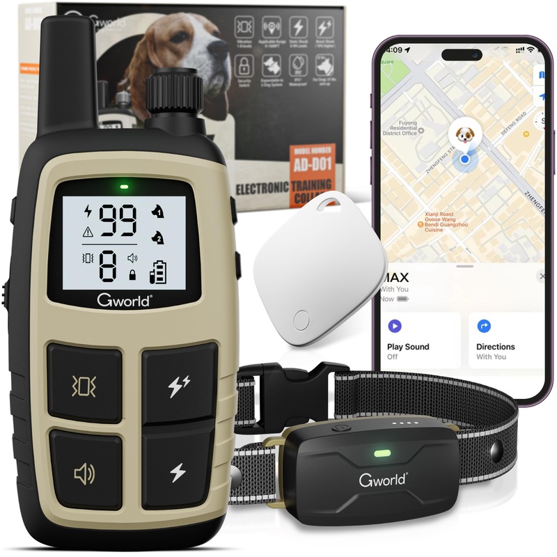 Dog Shock Collar- GPS trackers for Dogs (Only iOS)- 2 in 1 Dog Training Collar with Remote Innovative IPX7 Waterproof -with 5 Training Modes, Rechargeable E-Collar for All Breeds, Size Grey