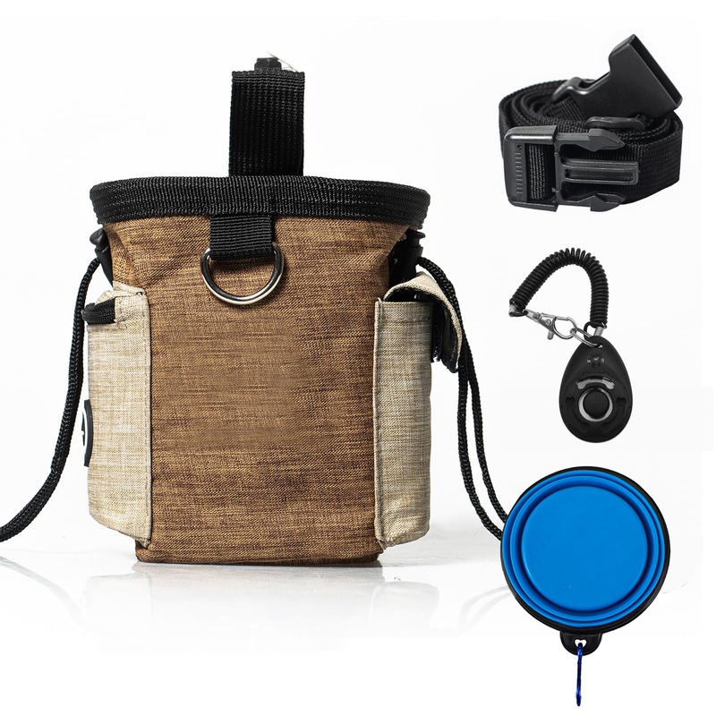Dog Treat Pouch, Dog Training Pouches with Training Clicker & Folding Bowl, Convenient to Wear- Adjustable Belt/Snap-fit, Built-in Poop Bag Dispenser, Easily Carries Pet Toys, Kibble, Snacks Coffee