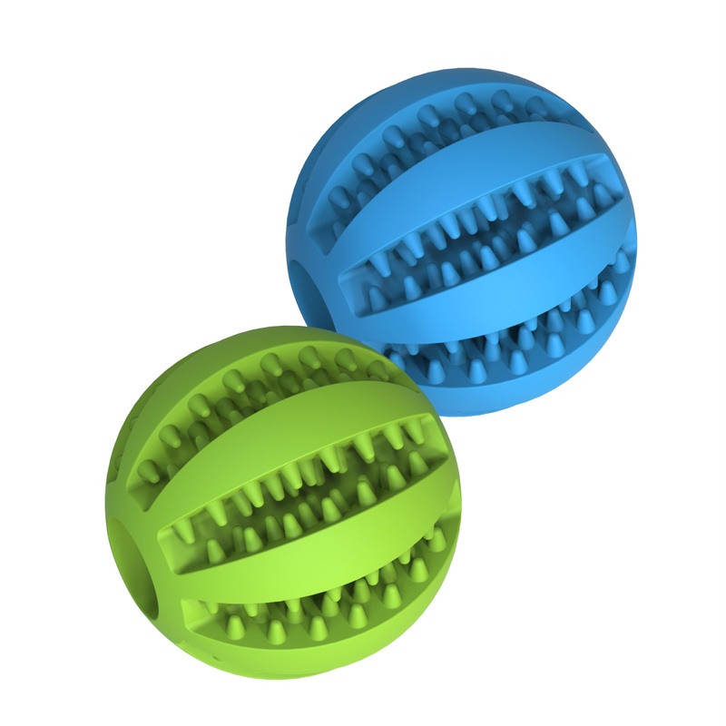 Dog Treat Toy Ball, Non Toxic Teething Chew Toy Ball for Pet Puppy Dogs & Cats, Food Treat Dispensing & Teeth Cleaning Ball, (Pack of 2 Balls- Blue & Green)