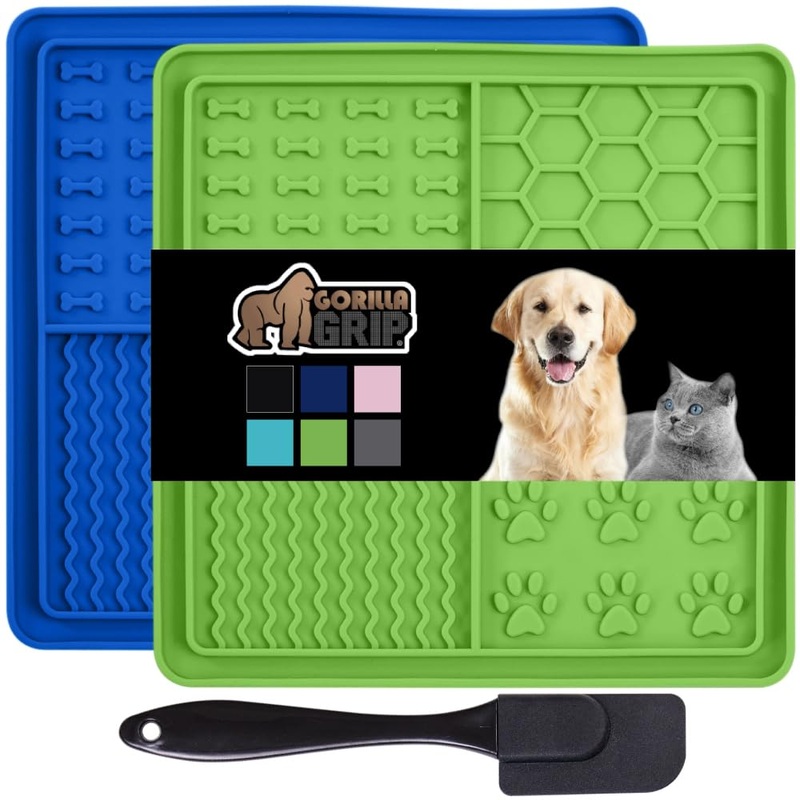 Gorilla Grip Dog and Cat Lick Mat, Four Quadrant Licking Pads with Suction Grip, Interactive Activity Toys for Grooming Nail Trimming Bathing, Pet Treat Busy Game with Spatula, Blue Green Pack of 2 2 Pack Royal Blue/Green