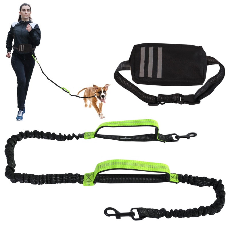 Hands Free Dog Leash with Waist Bag Fanny Pouch, Double Padded Handles, Adjustable Belt, Bungee Cord, Yellow