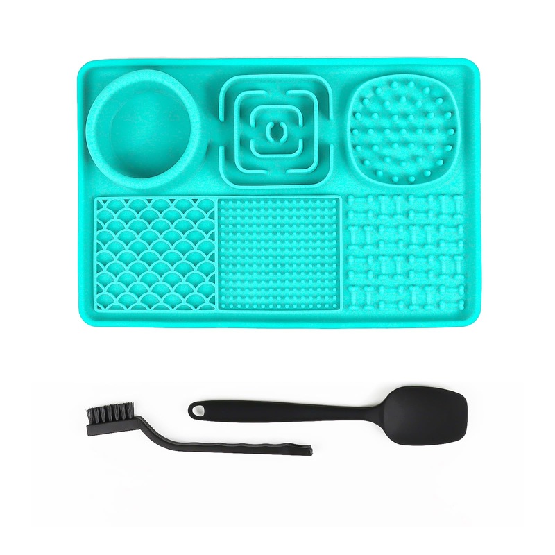 Lick Mat for Dogs, Food Grade Silicone Lick Mat with Suction Cups, Cat Lick Mat for Anxiety Relief, Comes with 1 Spatula and 1 Brush, Cyan