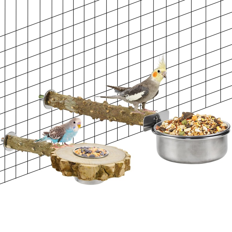 Natural Parrot Pepper Perch with Bird Feeding Cups Bird Stainless Steel Food Container Water Bowls Dish Feeder for Cockatiel Conure Budgies Parakeet Parrot (2PCS)