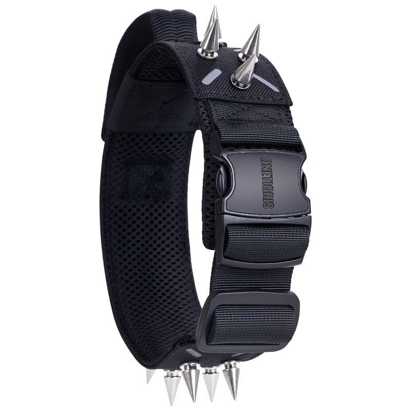 OneTigris Tactical Dog Collar, Adjustable Military Training Nylon Dog Collar with Control Handle and Heavy Metal Buckle for Medium and Large Dogs, with Removable Protective Metal Spikes (M, Black)