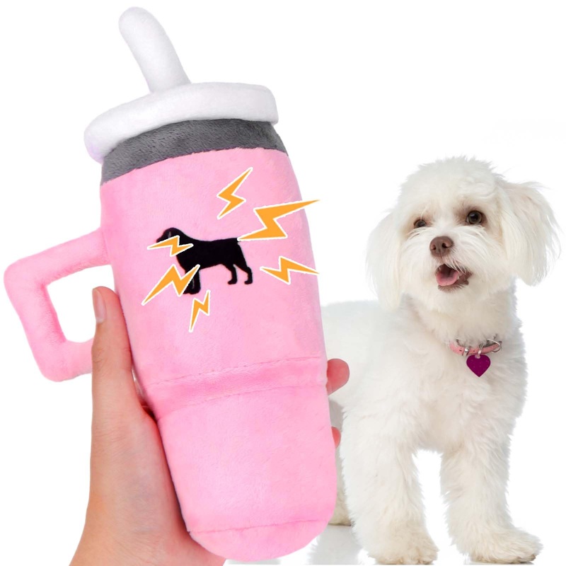 Palksky Cute Funny Pink Tumbler with Handle Dog Toys, Interactive Fluff and Tuff Squeaky Dog Toy, Cup Safety Design Dog Toys for Small/Medium/Large Dog Exercise and Accompany