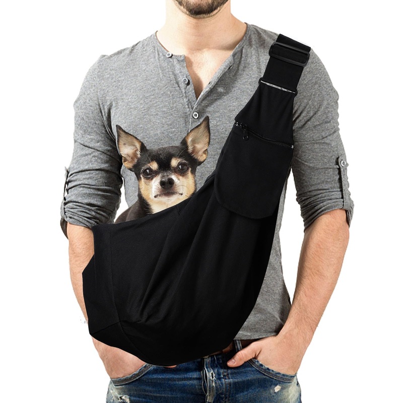 Pet Sling Carrirer Bag for Small Dogs/Cats, Cross Shoulder Canvas Carrying Bags Fits 8-16lb Puppies with Adjustable Strap and Zipped Pockets for Walking, Travel, Outdoor(Black) Black