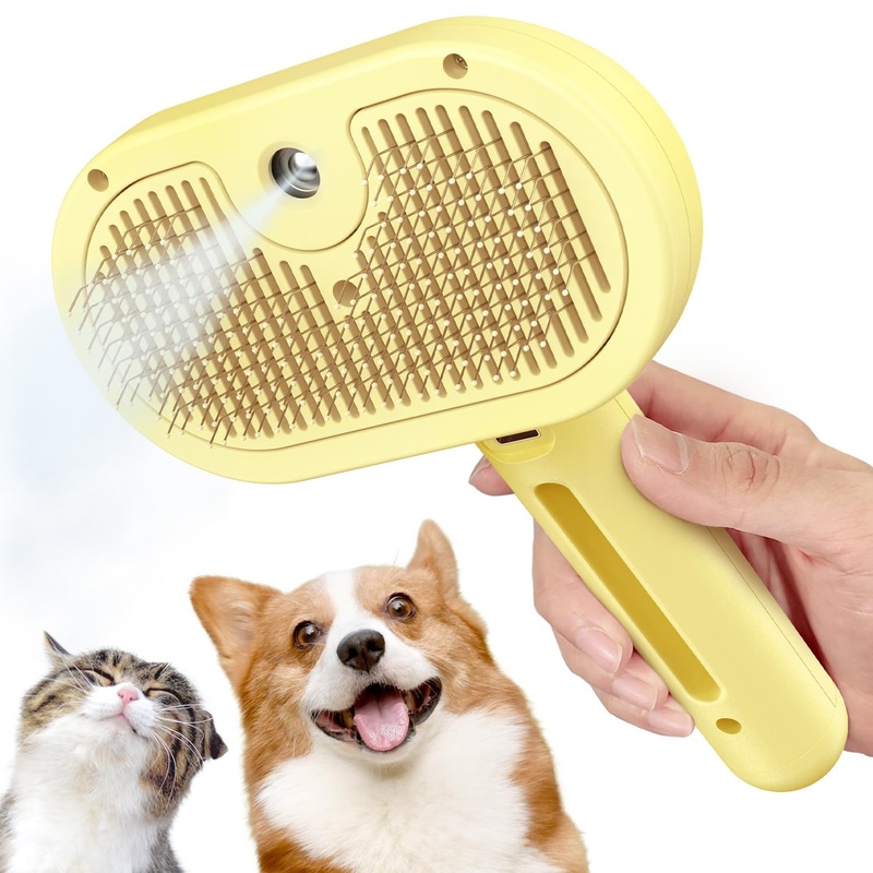 Spray Cat Brush for Shedding, 3 in 1 Self Cleaning Dog Brush Remove Static Flying Hair for Long and Short Hair Dogs and Cats to Remove Tangled and Loose Hair (Yellow)