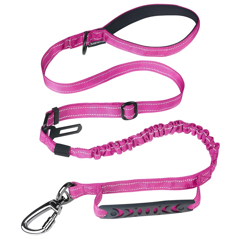 Tactical Dog Leash Heavy Duty, 4-6FT Shock Absorbing Bungee Dog Leash, Reflective Military Strong No Pull Dog Leash with 2 Padded Handle and Car Seatbelt for Medium Large Dogs, Pink