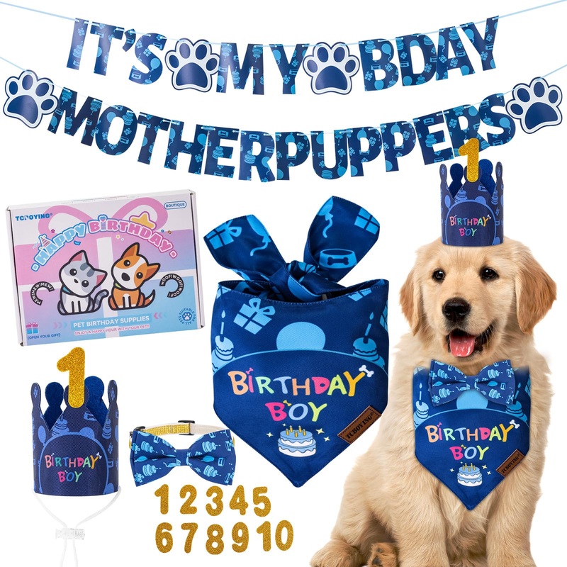 TCBOYING Dog Birthday Party Supplies, Multi Size Offered, Dog Birthday Bandana Banner Boy Hat Bow Tie with Numbers for Small Medium Large X-Large Dogs Pets (X-Large)