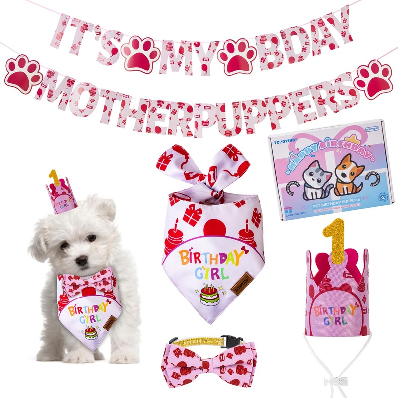 TCBOYING Dog Birthday Party Supplies, Multi Size Offered, Dog Birthday Bandana Banner Girl Hat Bow Tie with Numbers for Small Medium Large X-Large Dogs Pets (Small)