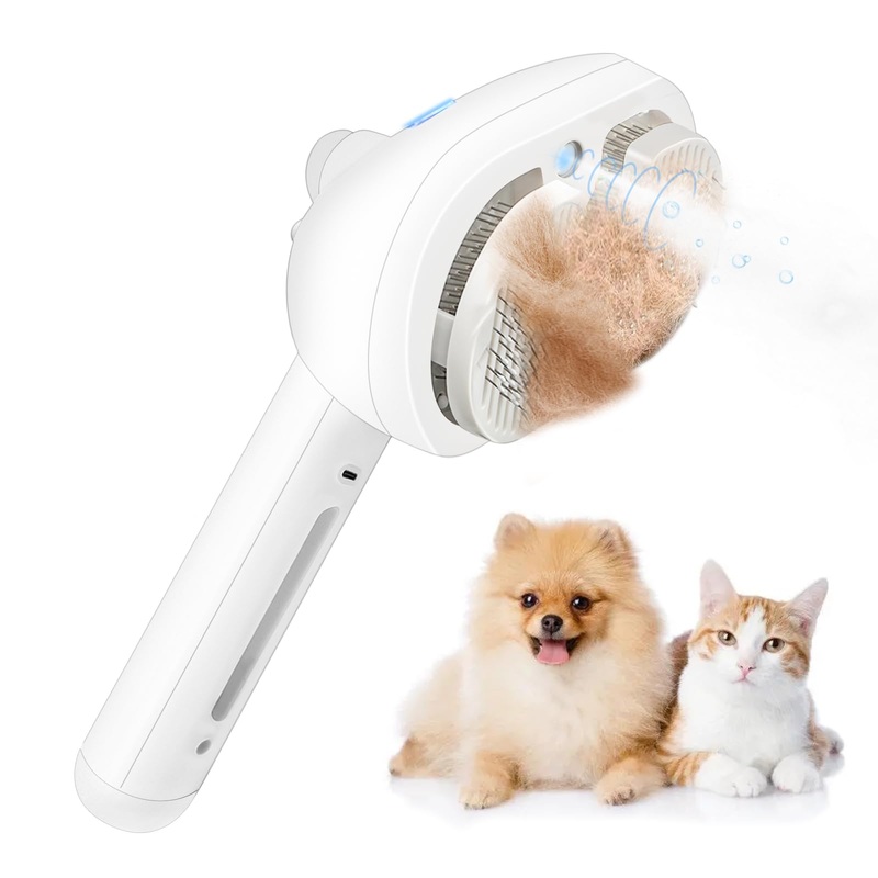 Texsens Spray Cat Brush – Self Cleaning Pet Grooming Brush with Mist & Release Button for Long & Short Haired Dogs Cats, Removing Tangled & Loose Hair – Steamy Cat Brushes for Indoor Cats Shedding