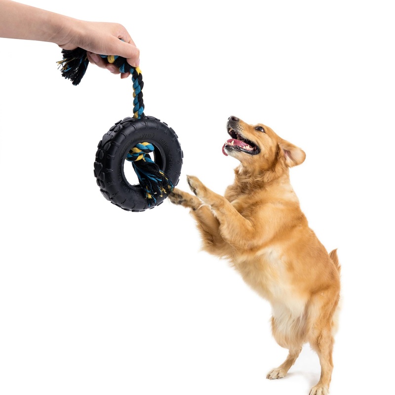 Tire Dog Toy with Cotton-Poly Rope – Rubber Toy for Extreme Chewers – Interactive Fun Play for Aggressive Chewers for Medium and Large Dogs – Safe and Durable Rope Tug Chew Toy for All Breeds