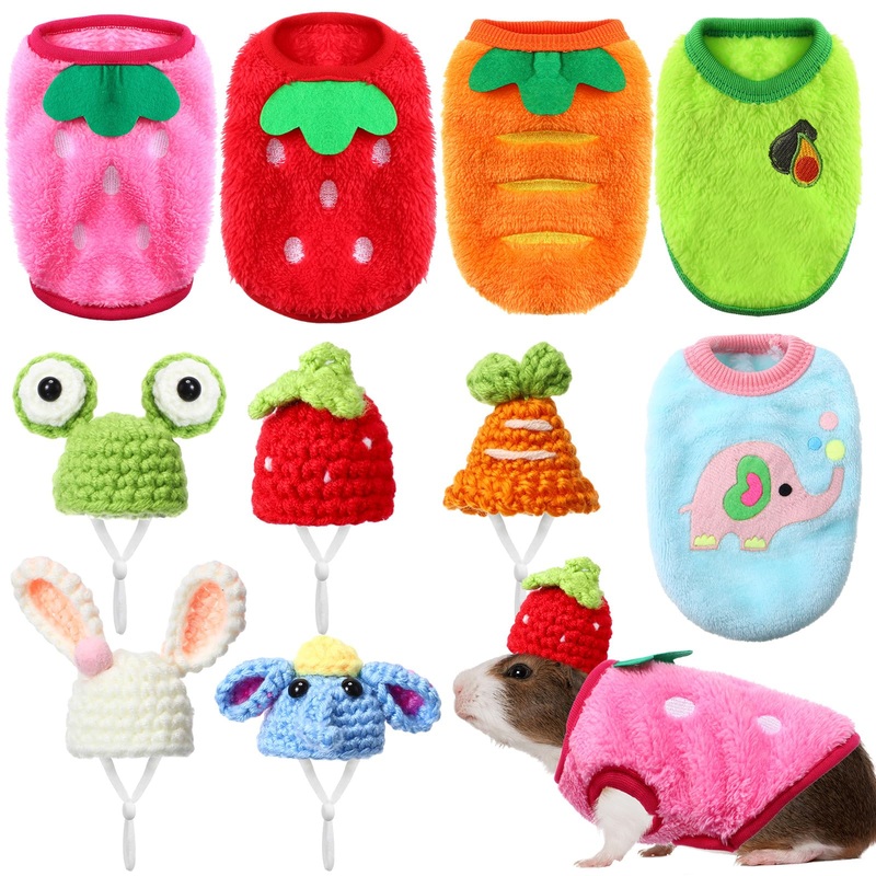 10 Pcs Cute Guinea Pig Stuff Includes 5 Mini Hats Elephant Rabbit Frog Carrot Strawberry Hats with 5 Guinea Pig Clothes with Adjustable Strap Small Animal Vest for Guinea Pig Hamster Bunny Fresh Style