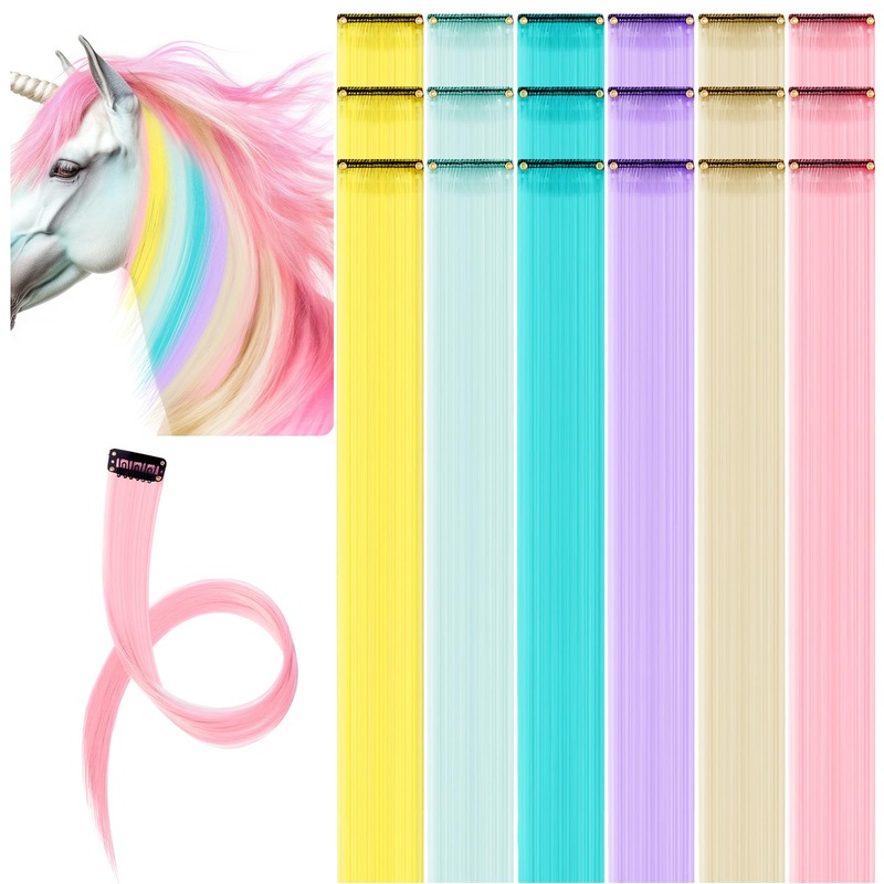 18 Pcs Unicorn Horse Accessory Clip in Hair Extensions for Mane and Tail Tack Horse Stuff Pony Hair Tinsel for Real Horses Western Bride Horse Lover and Girls Birthday Cute Unicorn Color