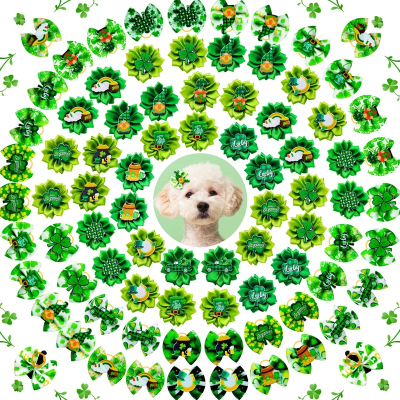 80pcs St.Patrick’s Day Dog Bows, Holiday Pet Samll Dog Hair Grooming Bows with Rubber Bands, St.Patrick’s Day Green Lucky Clover Element Dog Hair Bows for Dog Puppy Yorkie Hair Accessories
