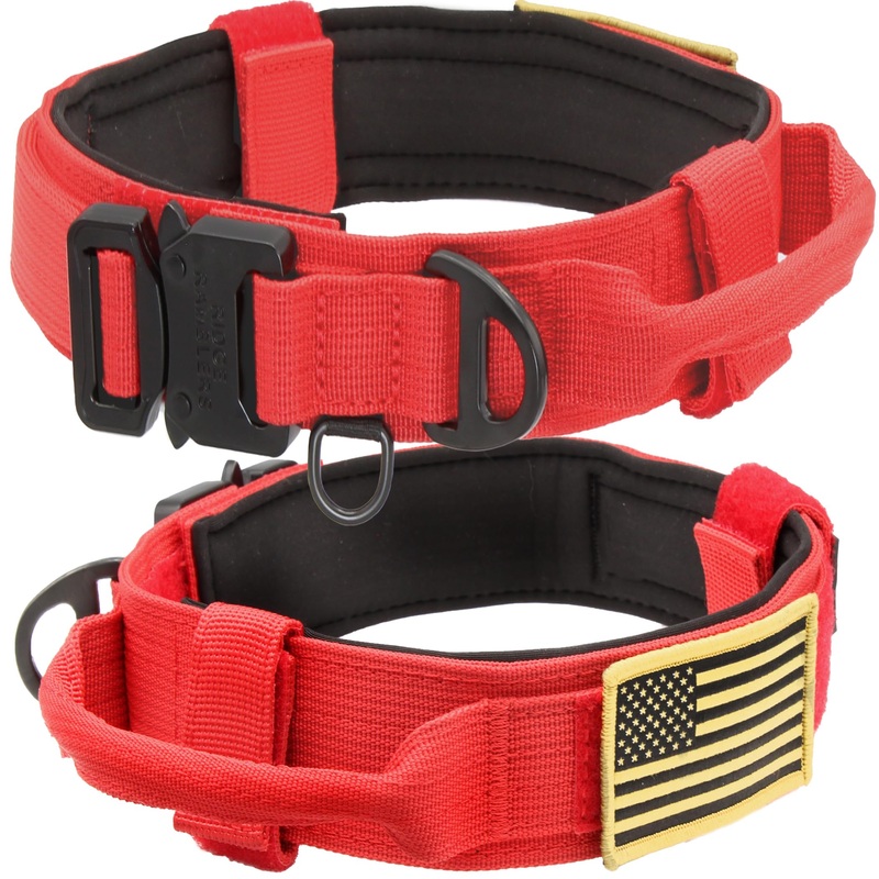 Advanced Red Tactical Dog Collar with Handle – Heavy Duty, Thick Dog Collar Made with Lightweight Metal Hardware and Ultra-soft Neoprene Padding – Military Dog Collar for Medium, Large, X-large Breeds XL (1.5in x 21.0in – 26.0in) Fire Brick Red