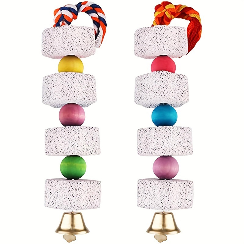 Barrel Bird Chew Toy, 2-Pack Parrot Beak Grindstone, Colorful Rope with Bell Accessory, Bird Bass Cage Toy for Parakeet Cockatiel Parrot Budgerigar Rabbit Hamster