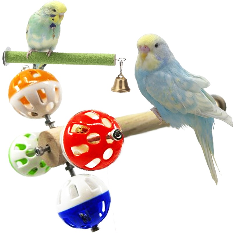 Bird Perch Toy with Rotating Balls Natural Large Bird Stand Perches Toy Wood Rotate Spinning Balls for Cage Parrot Parakeet Budgies Parrotlets Lovebird Cockatiels Conure Macaw African Greey