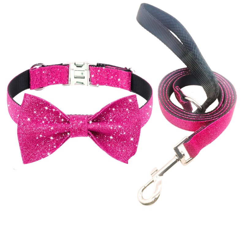 Bling Bow Tie Dog Collar and Leash Set, Cute Pink Girl Dog Collar with 5ft Leash for Small Medium Dogs Daily Walking or Holiday Party (Hot Pink, Neck fit 11-16) S:Neck 11-16, Width 5/8 Hot Pink