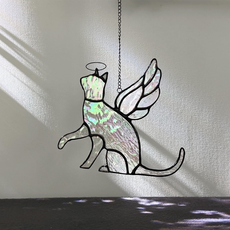 Cat Stained Glass Memorial Gifts for Loss of Cat, Holographic Angel Cat Died Sympathy Remembrance Gift for Window Hanging