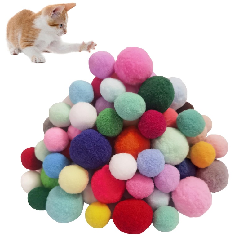 Cat Toy Balls Soft Pom Pom Balls for Kittens Plush Toy Interactive Cat Pompom Toys for Indoor Cats Playing Balls for Craft DIY Decorations (1.2″ 50pcs + 1.6″ 30pcs)